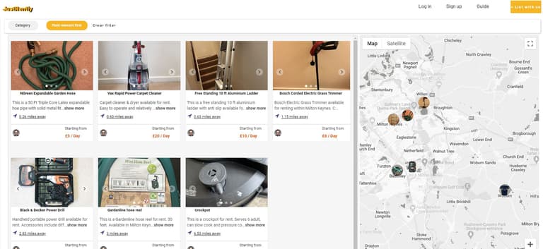 Screenshot demo of the Justrently -Rental Marketplace template.